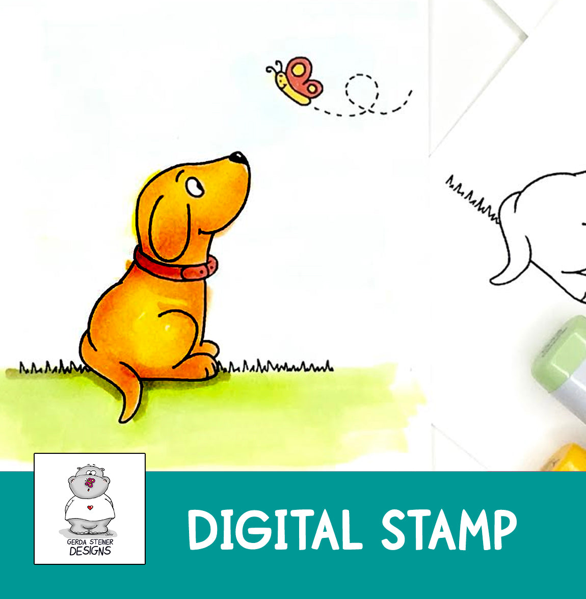 Dog and Butterfly -  Digital Stamp